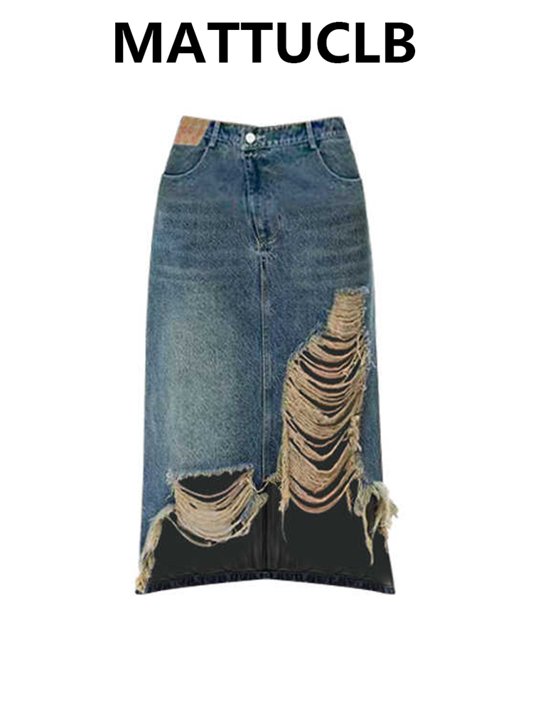 Street Fashion Denim - Damen 2000er Midi-Rock Zerrissener Jeansrock Kpop