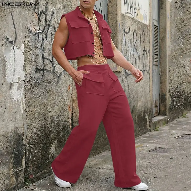 Street Fashion For Man - INCERUN Herren-Sets Einfarbiges Ärmelloses Crop-Top Hemd
