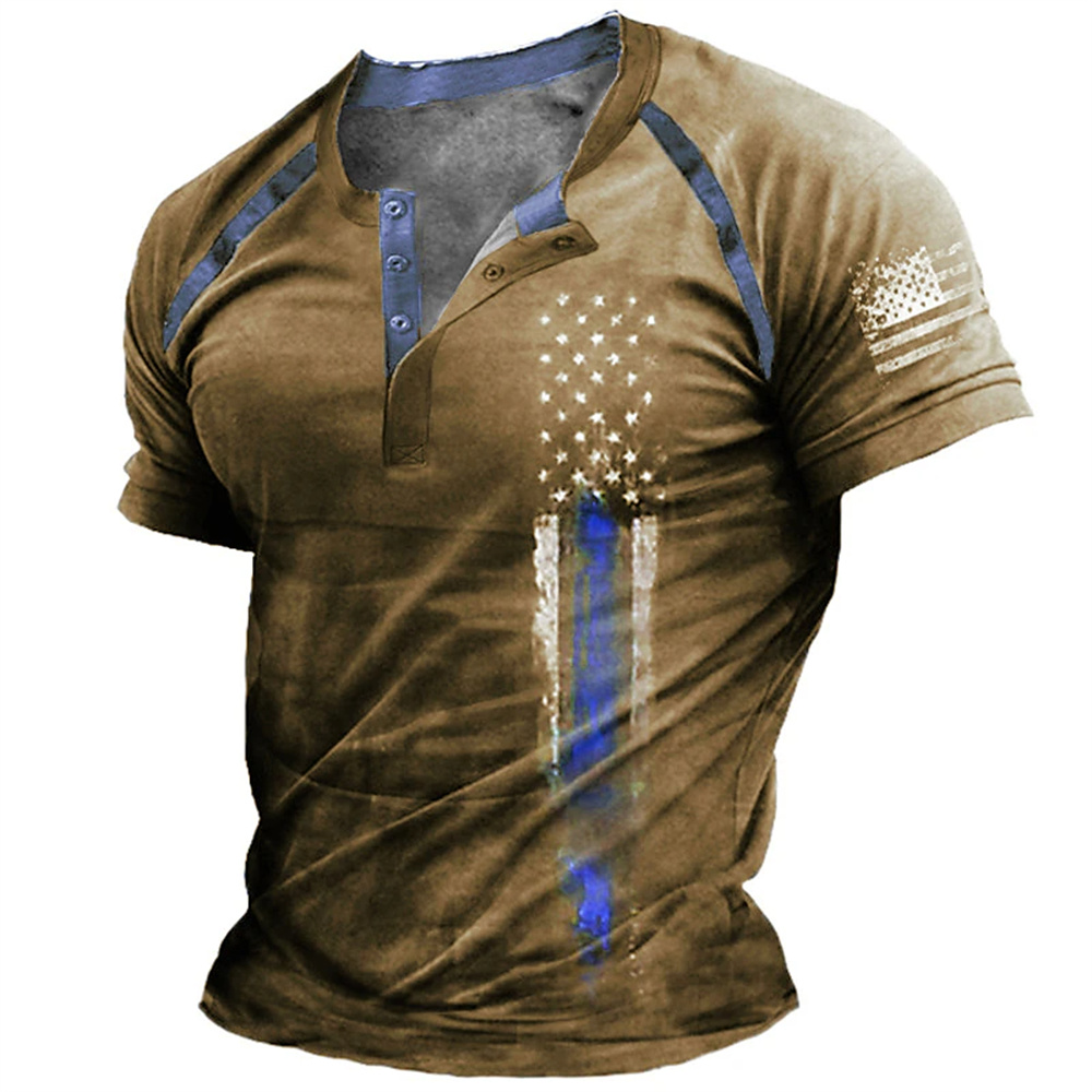 Street Fashion For Man - Lustiges 3D-amerikanische-Flaggen-Print Herren-Henley-Shirt, modisches Henley-Kragen-Kurzarmshirt, Sommer-Streetwear,