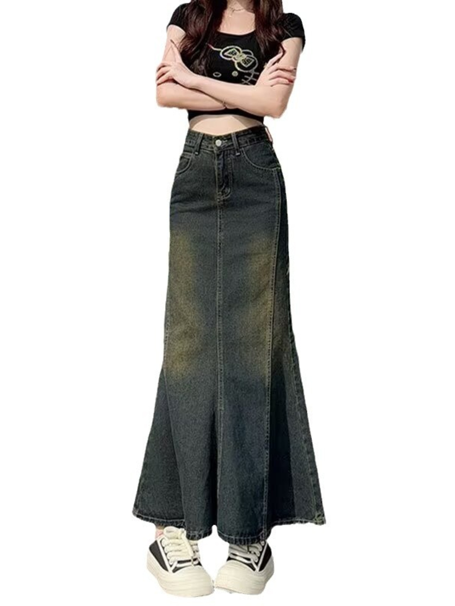 Street Fashion Denim - Damen Vintage Gewaschener Denim Meerjungfrauen-Maxirock mit