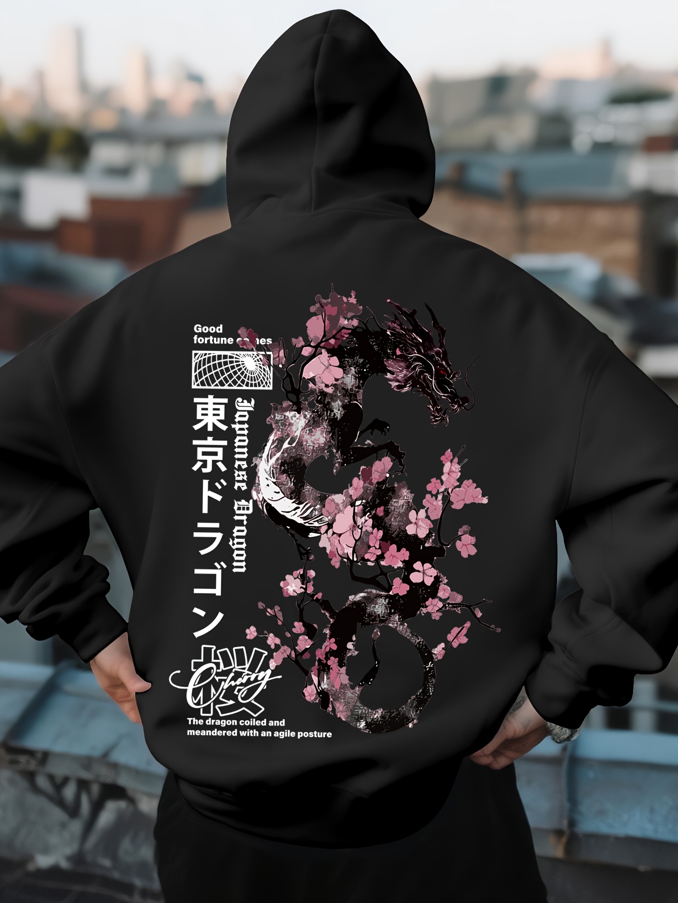 Street Fashion Asian - Herren Hip-Hop Sport-Hoodie Ästhetisches Japanisches Drachen-Kirschblüten-Muster